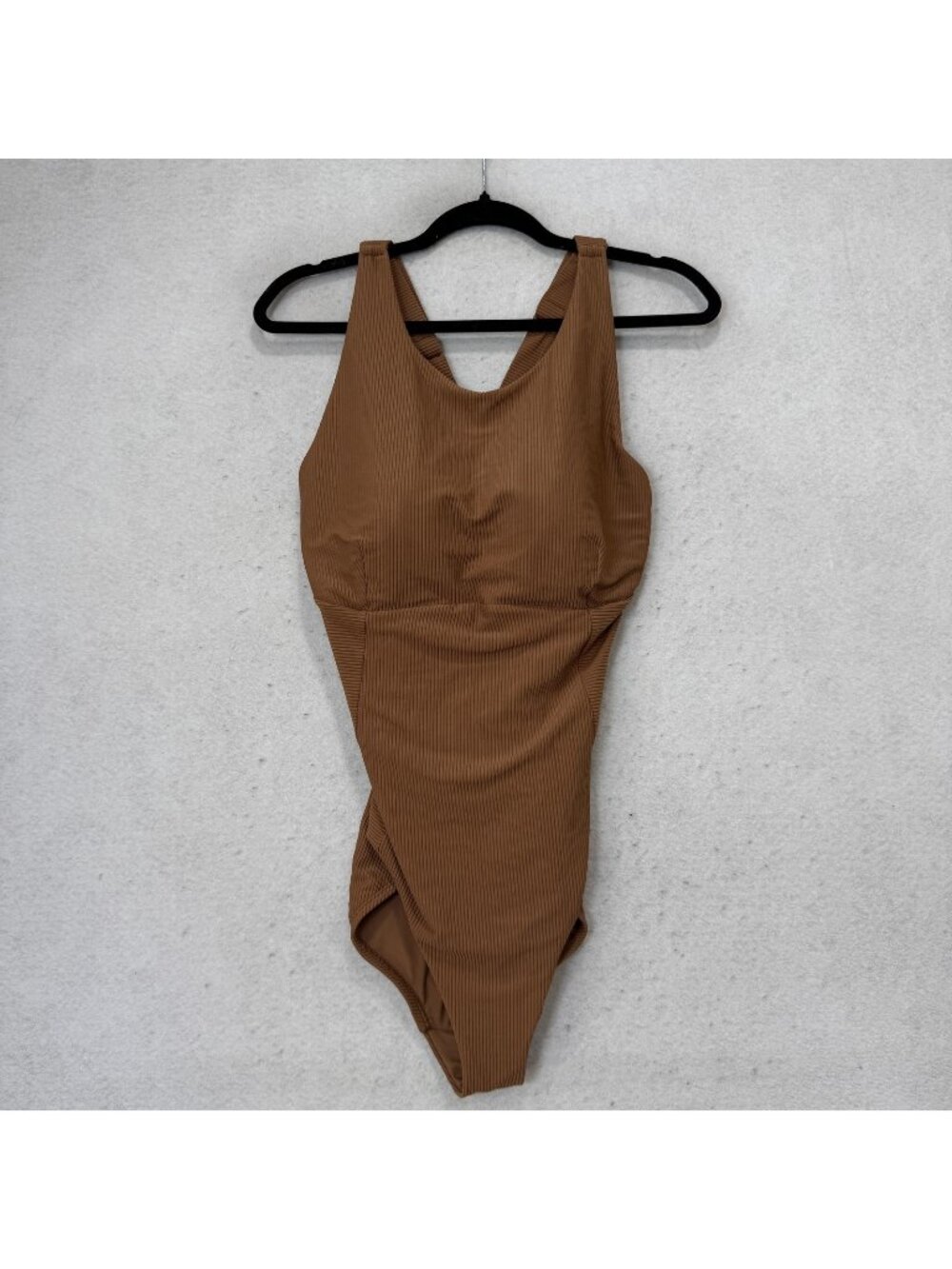 CALA Swimsuit Womens 16 Brown One Piece Ribbed Tank Built In Bra Lined Crossback
